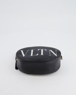 Valentino Black Leather Small Round Bag with White VLTN Print Detail and Champagne Gold Rockstud Strap