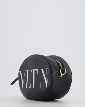Valentino Black Leather Small Round Bag with White VLTN Print Detail and Champagne Gold Rockstud Strap