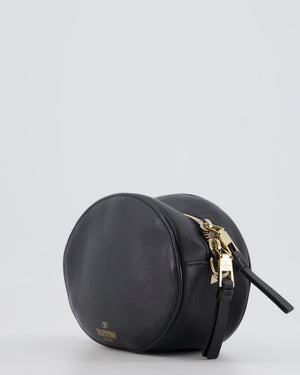 Valentino Black Leather Small Round Bag with White VLTN Print Detail and Champagne Gold Rockstud Strap