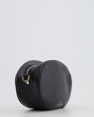 Valentino Black Leather Small Round Bag with White VLTN Print Detail and Champagne Gold Rockstud Strap