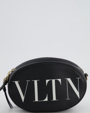 Valentino Black Leather Small Round Bag with White VLTN Print Detail and Champagne Gold Rockstud Strap