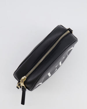 Valentino Black Leather Small Round Bag with White VLTN Print Detail and Champagne Gold Rockstud Strap