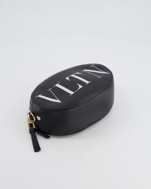 Valentino Black Leather Small Round Bag with White VLTN Print Detail and Champagne Gold Rockstud Strap