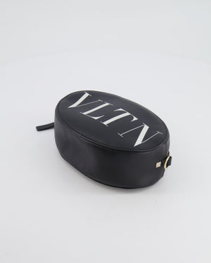 Valentino Black Leather Small Round Bag with White VLTN Print Detail and Champagne Gold Rockstud Strap