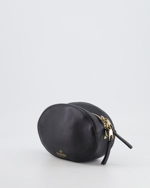 Valentino Black Leather Small Round Bag with White VLTN Print Detail and Champagne Gold Rockstud Strap