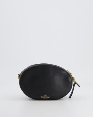 Valentino Black Leather Small Round Bag with White VLTN Print Detail and Champagne Gold Rockstud Strap
