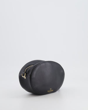Valentino Black Leather Small Round Bag with White VLTN Print Detail and Champagne Gold Rockstud Strap