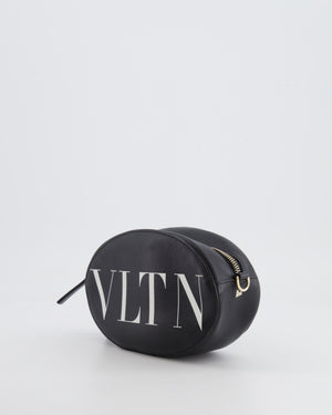 Valentino Black Leather Small Round Bag with White VLTN Print Detail and Champagne Gold Rockstud Strap