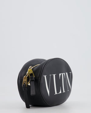 Valentino Black Leather Small Round Bag with White VLTN Print Detail and Champagne Gold Rockstud Strap