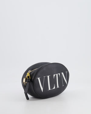 Valentino Black Leather Small Round Bag with White VLTN Print Detail and Champagne Gold Rockstud Strap