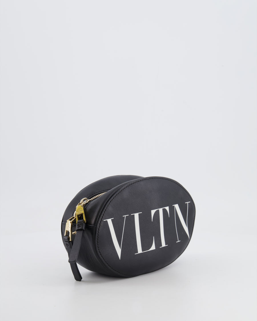 Valentino Black Leather Small Round Bag with White VLTN Print Detail and Champagne Gold Rockstud Strap