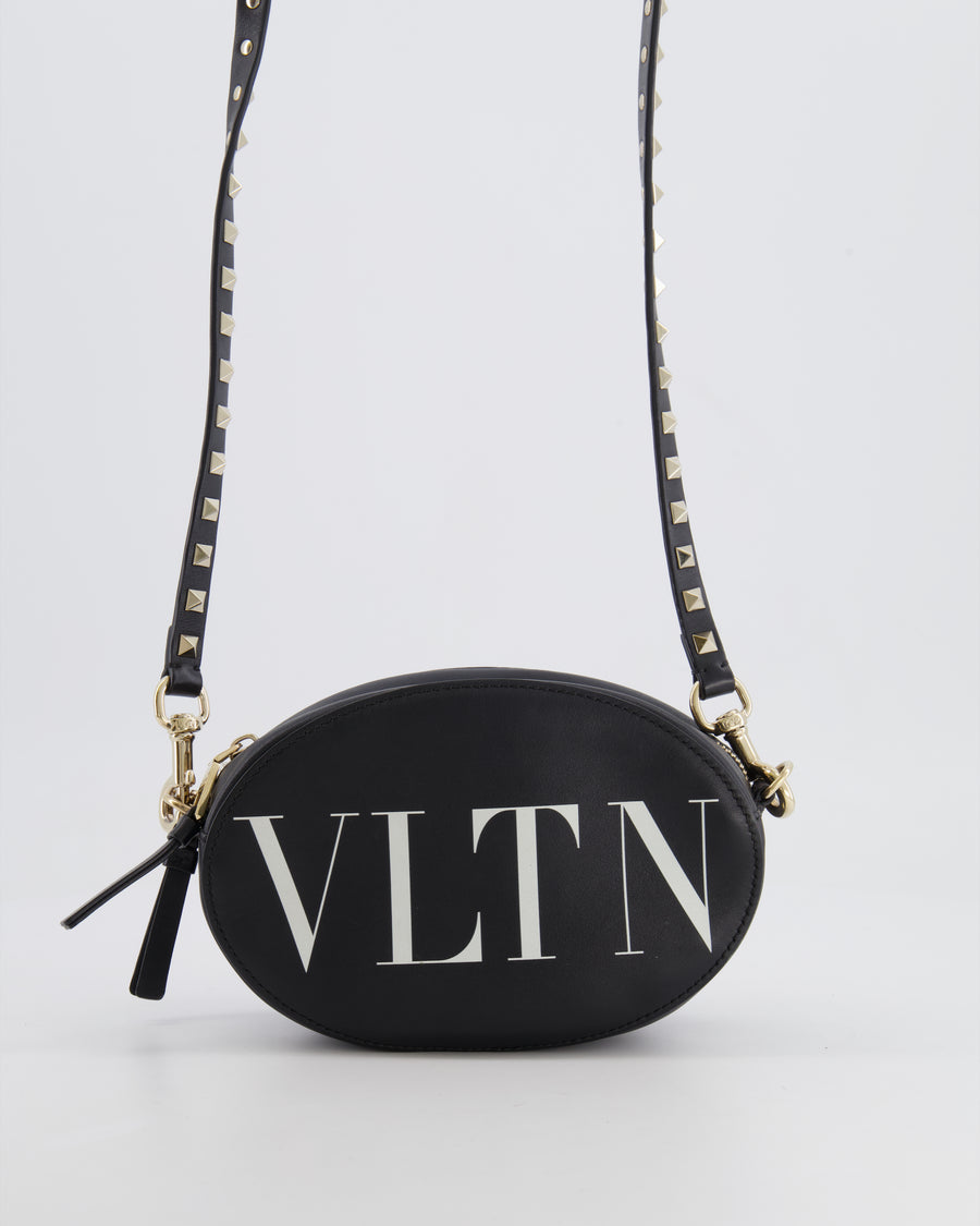 Valentino Black Leather Small Round Bag with White VLTN Print Detail and Champagne Gold Rockstud Strap