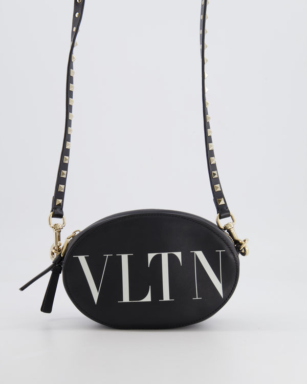 Valentino Black Leather Small Round Bag with White VLTN Print Detail and Champagne Gold Rockstud Strap