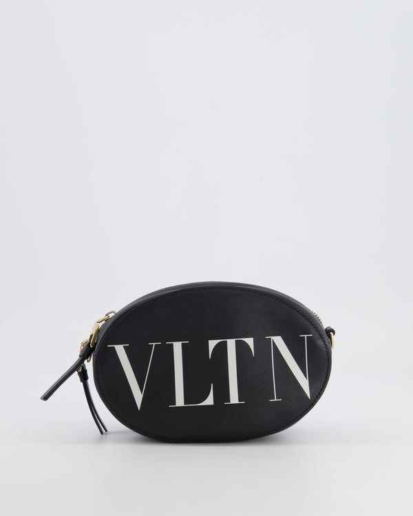 Valentino Black Leather Small Round Bag with White VLTN Print Detail and Champagne Gold Rockstud Strap
