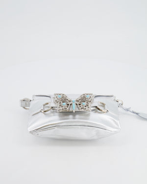 Valentino Vintage 2004 Runway Silver Leather Small Bag with Crystal Embellished Butterfly and Turquoise Stones
