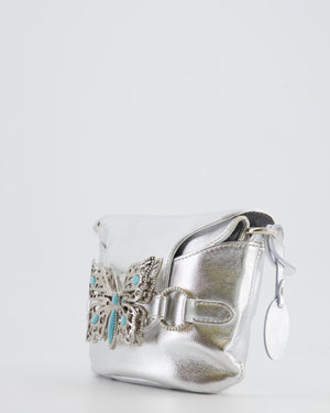 Valentino Vintage 2004 Runway Silver Leather Small Bag with Crystal Embellished Butterfly and Turquoise Stones