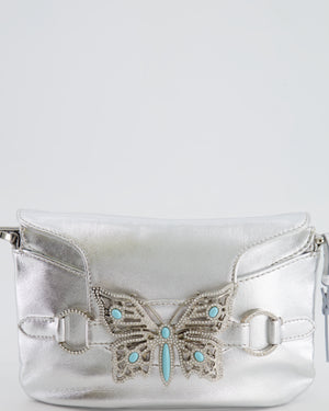 Valentino Vintage 2004 Runway Silver Leather Small Bag with Crystal Embellished Butterfly and Turquoise Stones