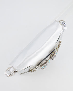 Valentino Vintage 2004 Runway Silver Leather Small Bag with Crystal Embellished Butterfly and Turquoise Stones