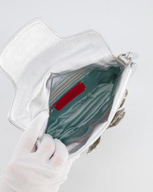 Valentino Vintage 2004 Runway Silver Leather Small Bag with Crystal Embellished Butterfly and Turquoise Stones