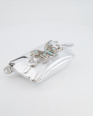 Valentino Vintage 2004 Runway Silver Leather Small Bag with Crystal Embellished Butterfly and Turquoise Stones