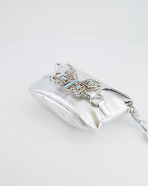 Valentino Vintage 2004 Runway Silver Leather Small Bag with Crystal Embellished Butterfly and Turquoise Stones