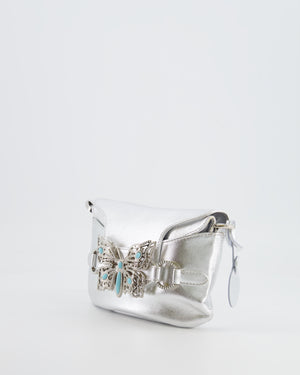 Valentino Vintage 2004 Runway Silver Leather Small Bag with Crystal Embellished Butterfly and Turquoise Stones
