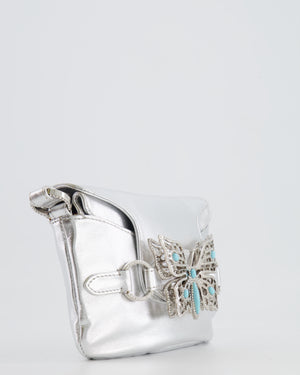 Valentino Vintage 2004 Runway Silver Leather Small Bag with Crystal Embellished Butterfly and Turquoise Stones