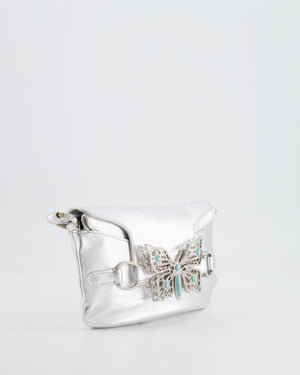 Valentino Vintage 2004 Runway Silver Leather Small Bag with Crystal Embellished Butterfly and Turquoise Stones