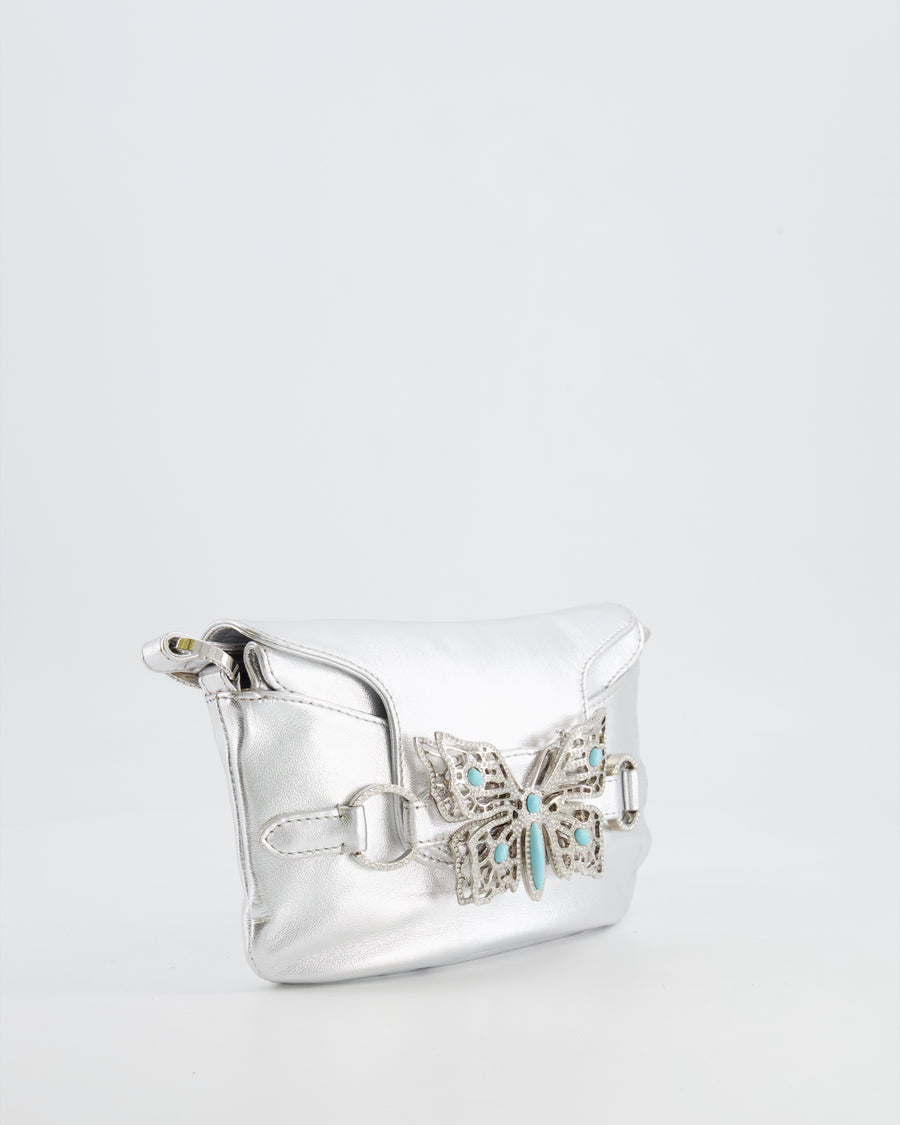 Valentino Vintage 2004 Runway Silver Leather Small Bag with Crystal Embellished Butterfly and Turquoise Stones