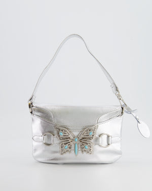 Valentino Vintage 2004 Runway Silver Leather Small Bag with Crystal Embellished Butterfly and Turquoise Stones