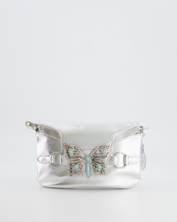 Valentino Vintage 2004 Runway Silver Leather Small Bag with Crystal Embellished Butterfly and Turquoise Stones