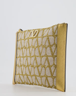 Valentino Beige and Gold Metallic Canvas and Leather VLogo Pouch Bag with Gold Hardware