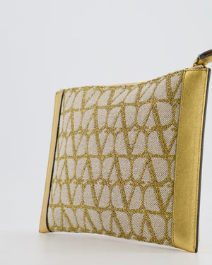 Valentino Beige and Gold Metallic Canvas and Leather VLogo Pouch Bag with Gold Hardware