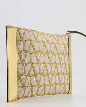 Valentino Beige and Gold Metallic Canvas and Leather VLogo Pouch Bag with Gold Hardware