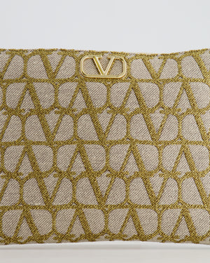 Valentino Beige and Gold Metallic Canvas and Leather VLogo Pouch Bag with Gold Hardware