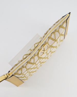 Valentino Beige and Gold Metallic Canvas and Leather VLogo Pouch Bag with Gold Hardware