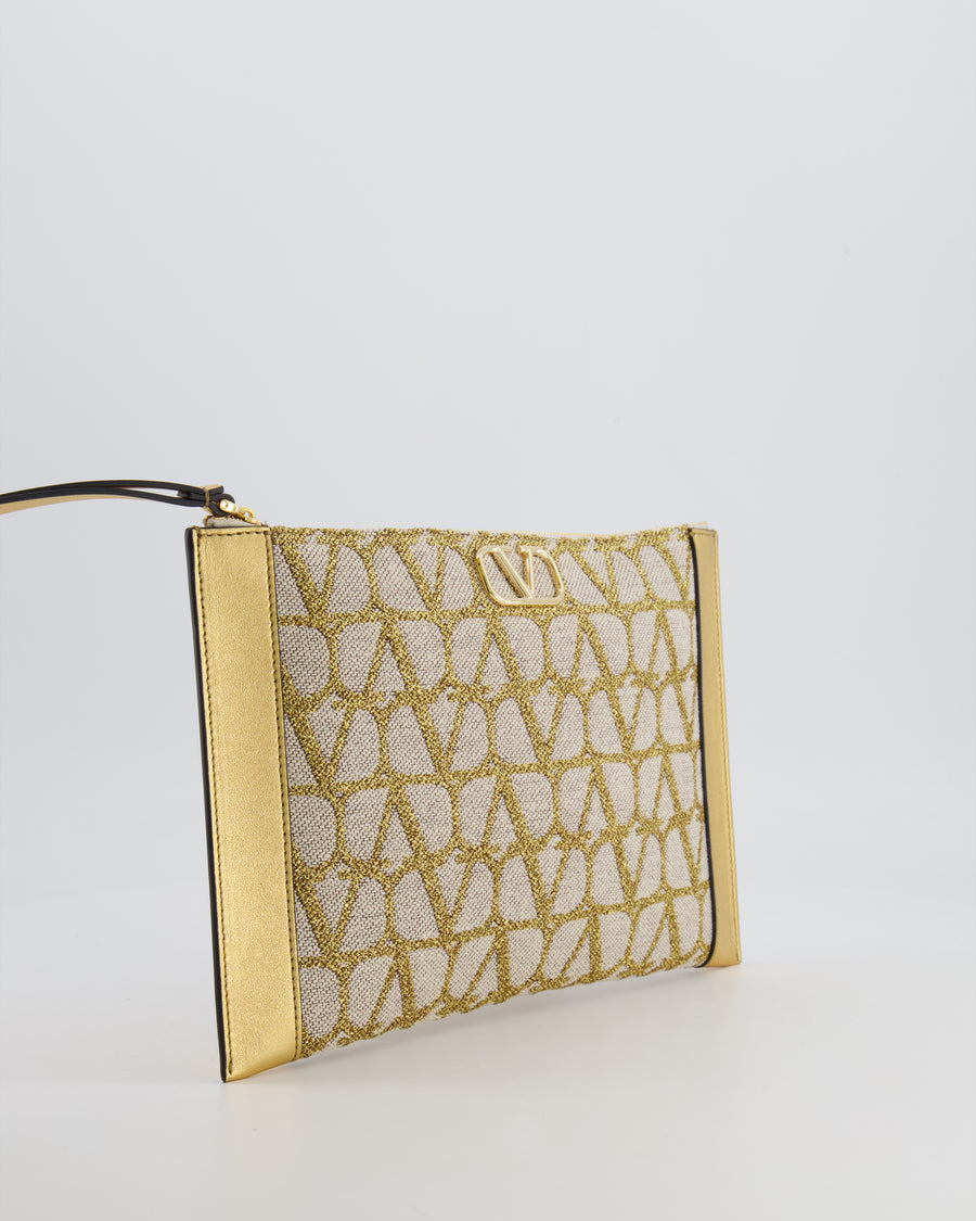Valentino Beige and Gold Metallic Canvas and Leather VLogo Pouch Bag with Gold Hardware