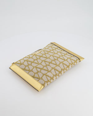 Valentino Beige and Gold Metallic Canvas and Leather VLogo Pouch Bag with Gold Hardware