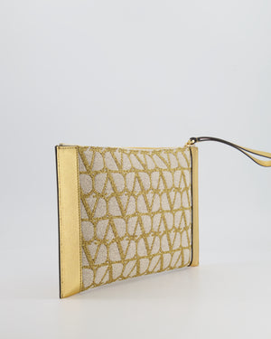 Valentino Beige and Gold Metallic Canvas and Leather VLogo Pouch Bag with Gold Hardware