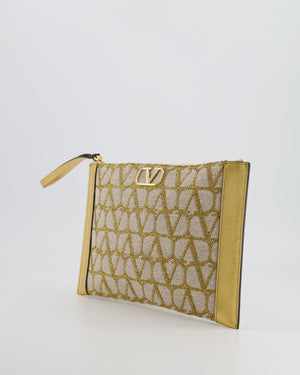 Valentino Beige and Gold Metallic Canvas and Leather VLogo Pouch Bag with Gold Hardware