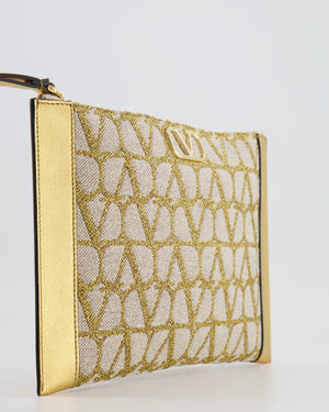 Valentino Beige and Gold Metallic Canvas and Leather VLogo Pouch Bag with Gold Hardware