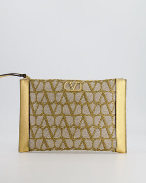 Valentino Beige and Gold Metallic Canvas and Leather VLogo Pouch Bag with Gold Hardware