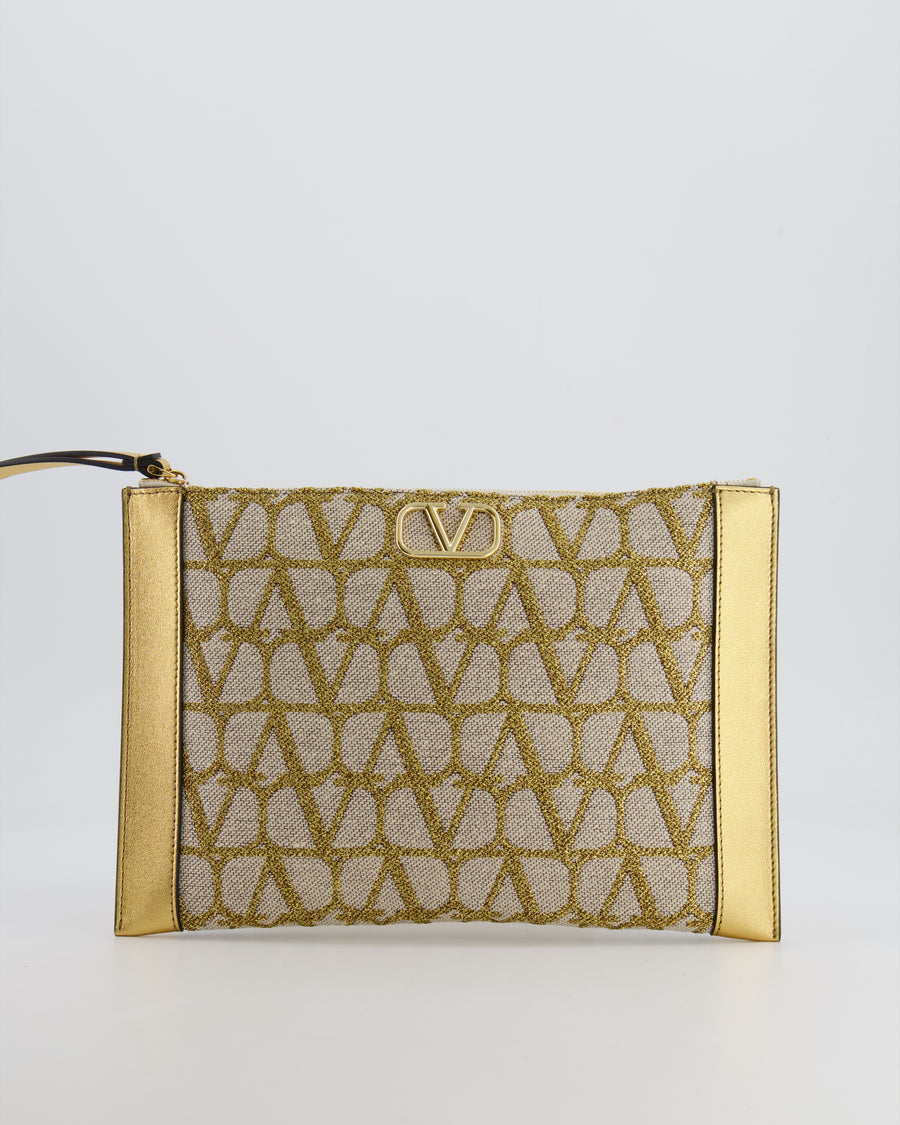 Valentino Beige and Gold Metallic Canvas and Leather VLogo Pouch Bag with Gold Hardware
