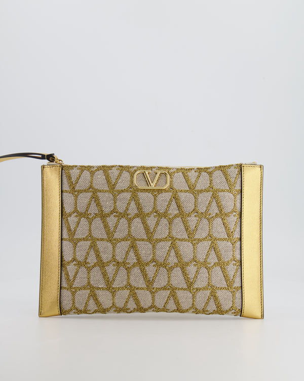Valentino Beige and Gold Metallic Canvas and Leather VLogo Pouch Bag with Gold Hardware