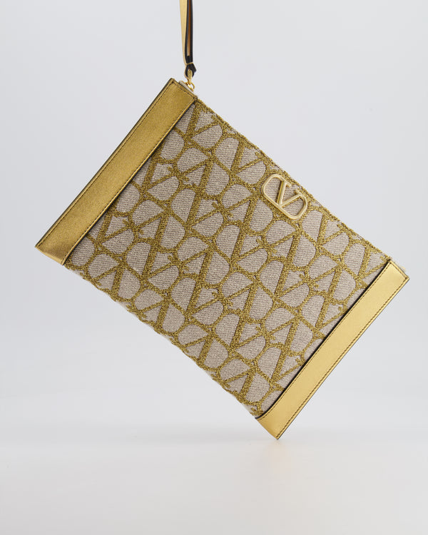 Valentino Beige and Gold Metallic Canvas and Leather VLogo Pouch Bag with Gold Hardware