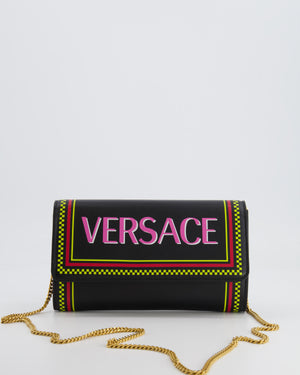 Versace Black Leather Wallet on Chain Bag with Pink Logo, Neon Yellow and Red Details with Gold Hardware