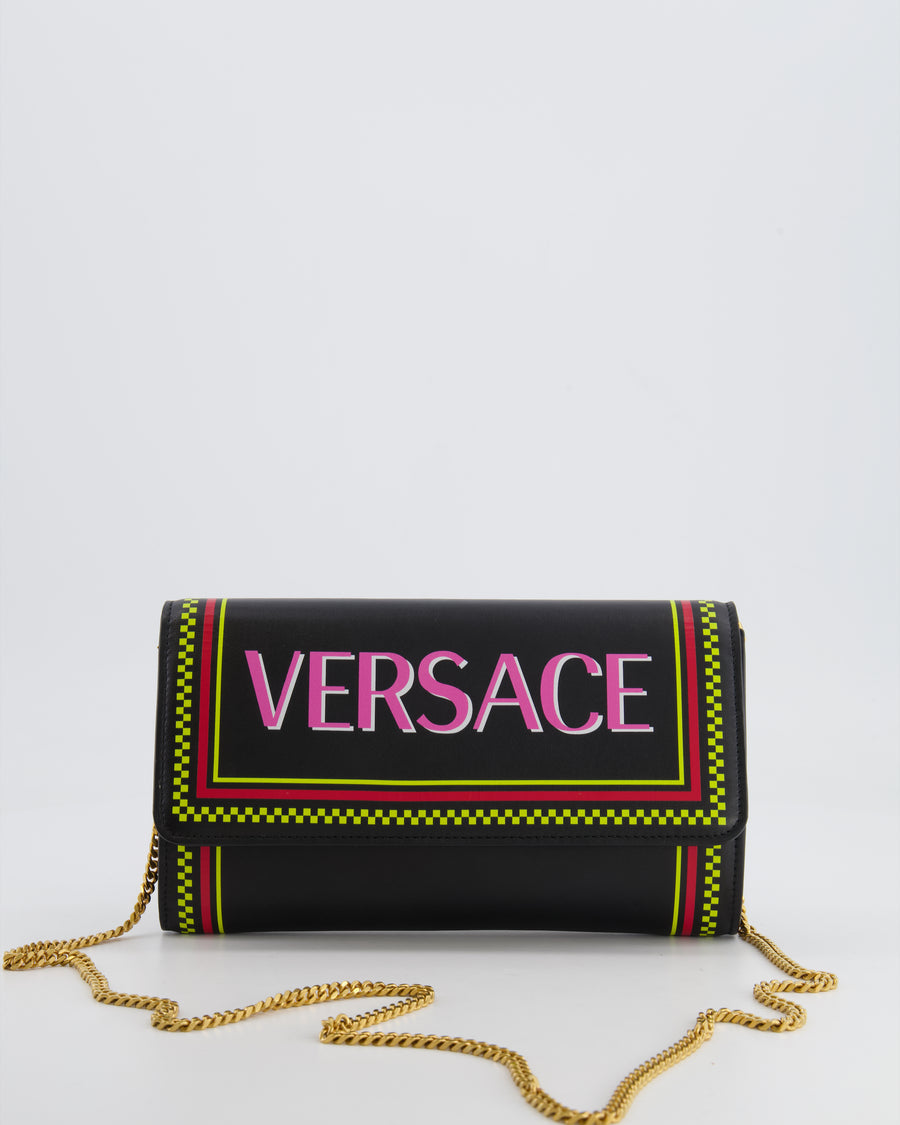 Versace Black Leather Wallet on Chain Bag with Pink Logo, Neon Yellow and Red Details with Gold Hardware