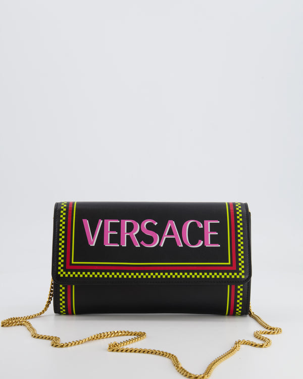 Versace Black Leather Wallet on Chain Bag with Pink Logo, Neon Yellow and Red Details with Gold Hardware