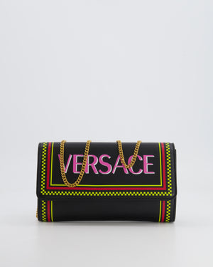 Versace Black Leather Wallet on Chain Bag with Pink Logo, Neon Yellow and Red Details with Gold Hardware
