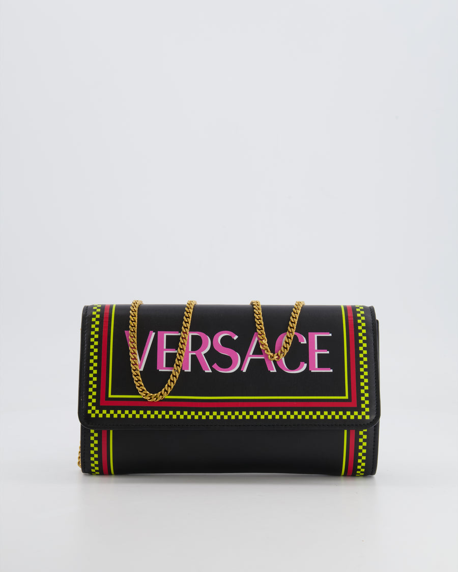 Versace Black Leather Wallet on Chain Bag with Pink Logo, Neon Yellow and Red Details with Gold Hardware
